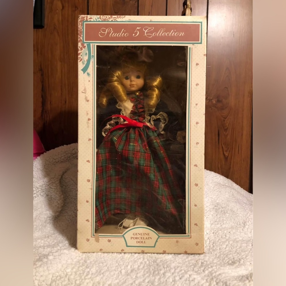 New In Box Plaid Porcelain Doll with Red Bow